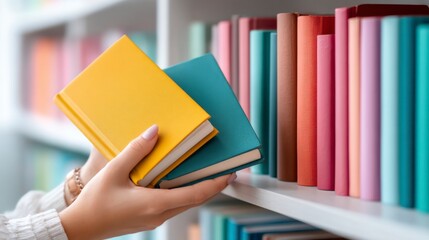 A person selecting colorful hardcover books from a neatly organized bookshelf in a well-lit room.