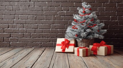 Flocked Christmas tree with gifts sits on wooden floor against a dark brick wall