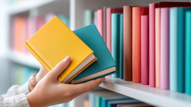 A person selecting colorful hardcover books from a neatly organized bookshelf in a well-lit room.