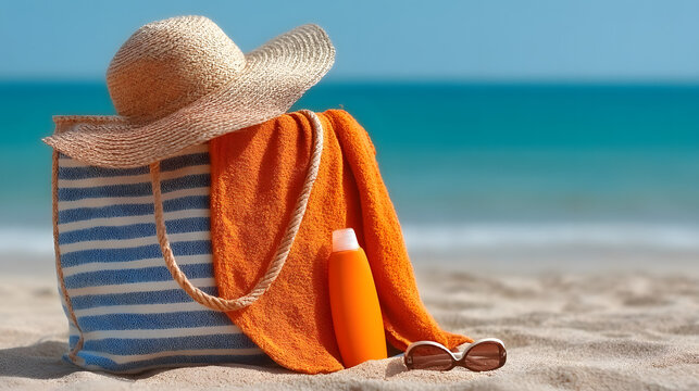 Bright Summer Beach Essentials Bag, Towel, Sunscreen and Sunglasses Still Life. Ai Generated Images - Powered by Adobe