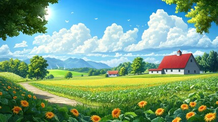 Sunlit farmland, red-roofed barn, sunflowers, winding path, and mountain backdrop