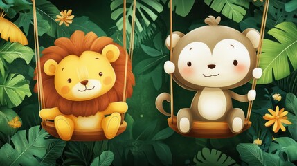 Adorable lion and monkey enjoy a jungle swing