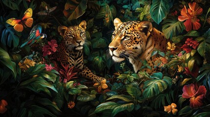 Majestic jaguars nestled amidst vibrant rainforest flora and fauna