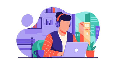 Person working from home on laptop, wearing headphones, suitable for blog posts about remote work.