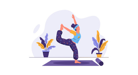 Woman practicing yoga at home, perfect for wellness websites or brochures.