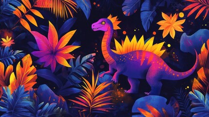 Colorful dinosaur in a vibrant jungle