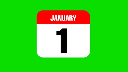 January 1 calendar animation with green screen background