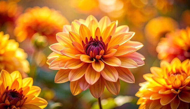 Vibrant orange dahlia blossoms in sunlight - Powered by Adobe