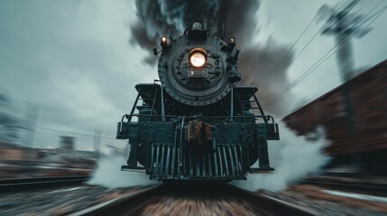 Front view of a powerful, classic steam engine speeding towards viewer on tracks
