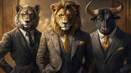 Three powerful animals in suits, standing together