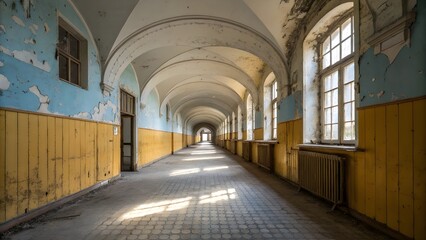Fototapeta premium Long Abandoned Hallway in a Derelict Building with Peeling Paint and Natural Light