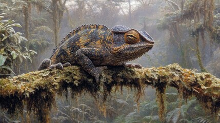 A chameleon rests on a mossy branch in a misty forest, its intricate skin texture visible