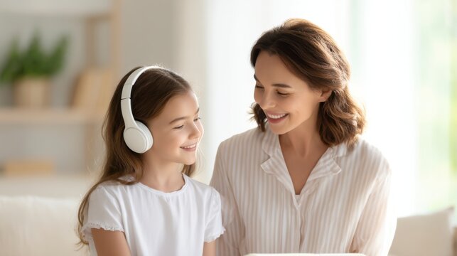 A mother and daughter share a joyful moment as the girl wears headphones, engaging in a warm, happy conversation in a bright, cozy room.
