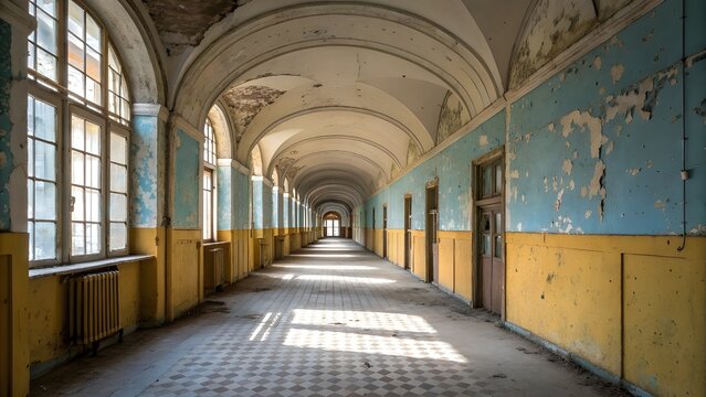 Long Abandoned Hallway in a Derelict Building with Peeling Paint and Natural Light