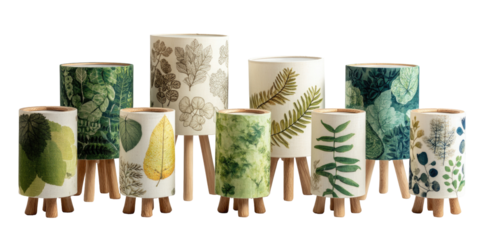 Small, cylindrical decorative planters featuring pressed leaf patterns in greens and muted tones.  Each on a small wooden tripod stand