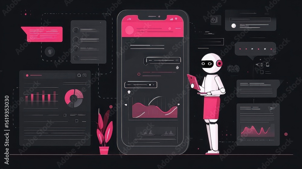 Poster chatbot analyzing data on mobile phone, with charts and statistics