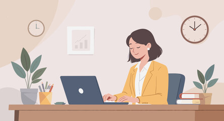 Businesswoman working on laptop in modern office, ideal for website banners or corporate brochures.