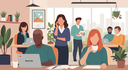 Diverse team working in a modern office, perfect for websites, brochures, and presentations on teamwork and work culture.