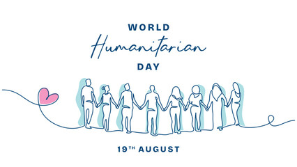 One line drawing of people holding hands for World Humanitarian Day celebration, symbolizing unity, compassion, and peace on August 19