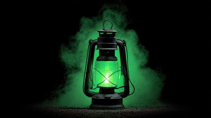Glowing, antique lantern emits eerie green light surrounded by a smoky background