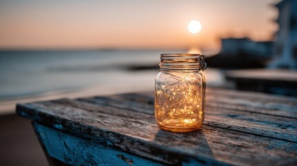 Glowing string lights in a glass jar sit atop aged wooden planks seaside at sunset