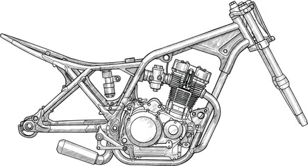 Detailed monochrome line drawing depicting a motorcycle engine and frame design © Vhya