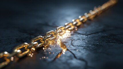 Gold chain with energy sparks over cracked, dark, and slightly blurred stone surface