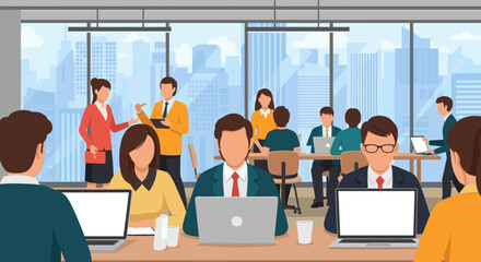 Diverse team of business professionals working collaboratively in a modern office overlooking a cityscape. Ideal for websites, presentations, and brochures.