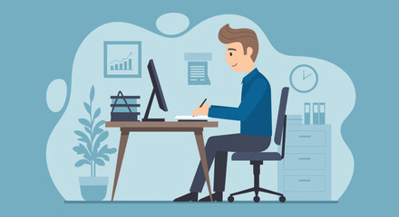 Businessman working at his desk, ideal for website banners, presentations, or brochures.