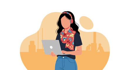 Young woman using laptop, vector illustration perfect for website banners or blog posts about remote work, technology, or lifestyle.