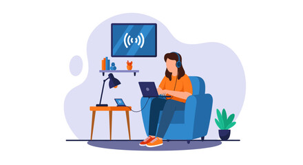 Woman working from home on laptop, wearing headphones, ideal for remote work, online learning, or telecommuting illustrations.