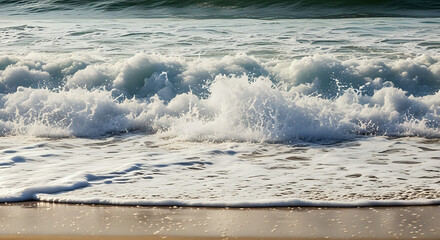 Experience the powerful, dynamic beauty of crashing ocean waves and frothy white foam rolling onto a sandy shore, creating a serene and invigorating natural scene.
