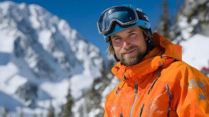 Close-up Portrait of Smiling Male Skier with Mountain Background. Ai Generated Images