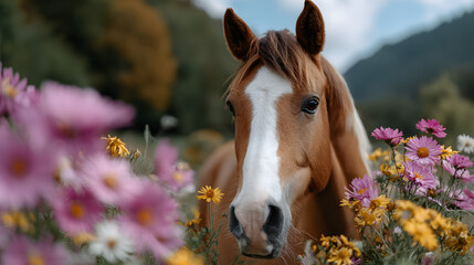 Peaceful Portrait Chestnut Horse Surrounded by Colorful Wildflowers in Meadow. Ai Generated Images