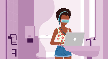 Woman working on laptop in a public restroom, wearing a mask and headphones; perfect for articles on remote work, hygiene, or modern challenges.