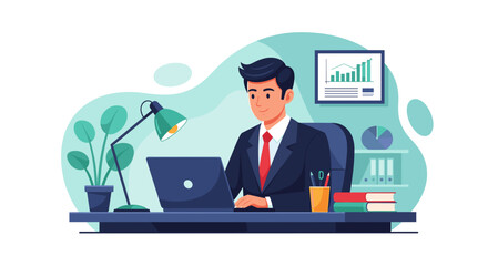 Happy businessman working on laptop in modern office. Perfect for business websites, presentations, and marketing materials.