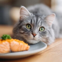 Curious Cat and Culinary Delight: An inquisitive gray cat fixates on a plate holding appetizing salmon, showcasing a candid moment of animal curiosity.