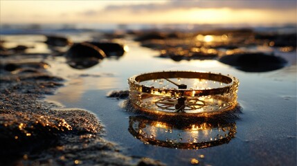 Golden compass sits in shallow water, sunset reflecting off surface near the ocean