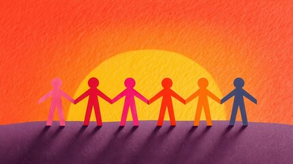 United Silhouette: A vivid illustration of a diverse group of individuals stands united, their silhouettes forming a cohesive chain against a vibrant sunset backdrop. Evoking themes of collaboration.