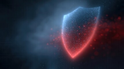 Digital Shield in Crimson & Azure: A futuristic digital shield glows, its form rendered with particles of crimson and azure light.