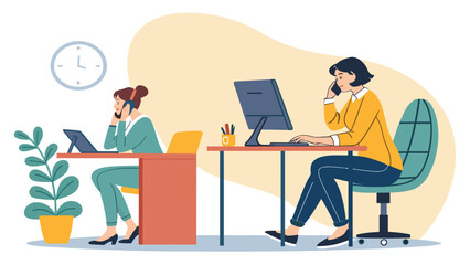Two businesswomen working at their desks, ideal for websites, brochures, and marketing materials related to teamwork, communication, and office life.