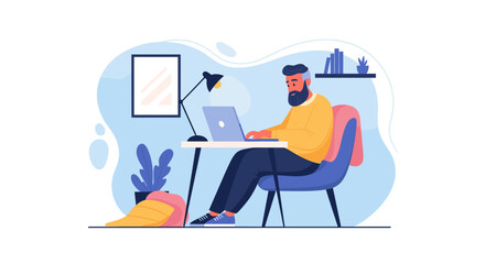 Man working on laptop at home office, perfect for website banners or blog posts about remote work.