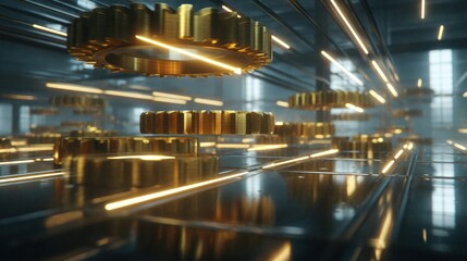 Golden gears suspended in a sleek, modern, lit structure, creating an industrial ambiance