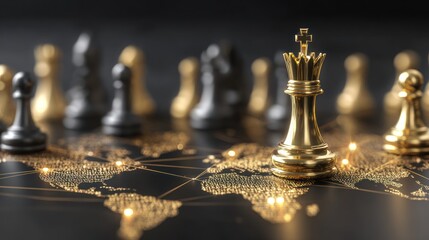 Golden king chess piece stands out on a world map amidst other chess pieces