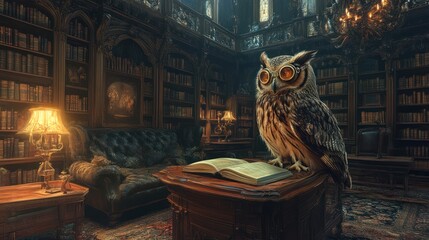 Owl perched on book in grand library, surrounded by old books and antique furniture