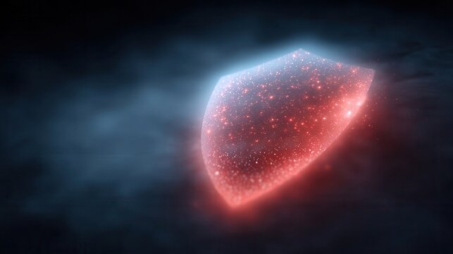 Glowing Shield in Dark Space: A radiant shield with intricate details, illuminated by a fiery glow, floats in a nebulous dark space, evoking protection and resilience. 