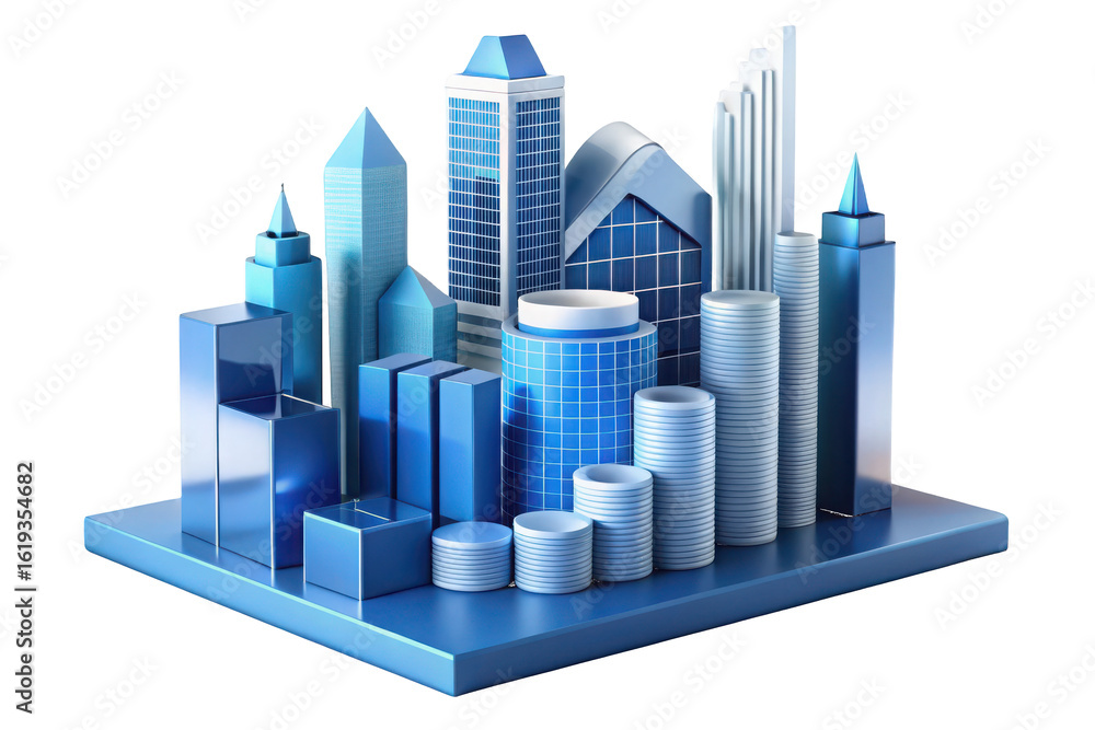 Poster blue abstract cityscape with geometric buildings isolated on a transparent background architecture