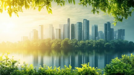 Sunlit cityscape reflected in calm water, framed by lush green foliage