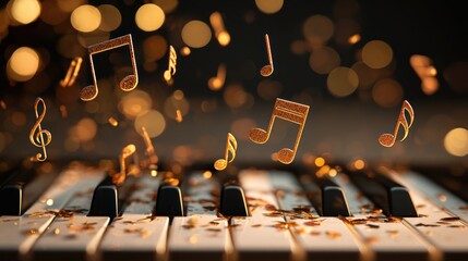 Golden music notes levitate above a piano's keys in a warm, inviting bokeh backdrop