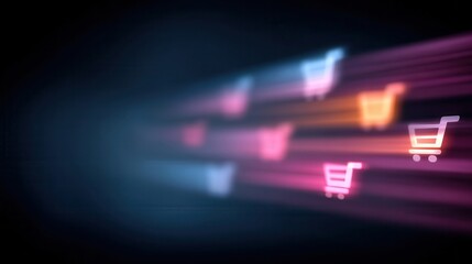E-commerce Cart Journey: A dynamic visual depicting shopping carts moving rapidly through the digital ether, highlighting the seamless, fast-paced nature of online retail.